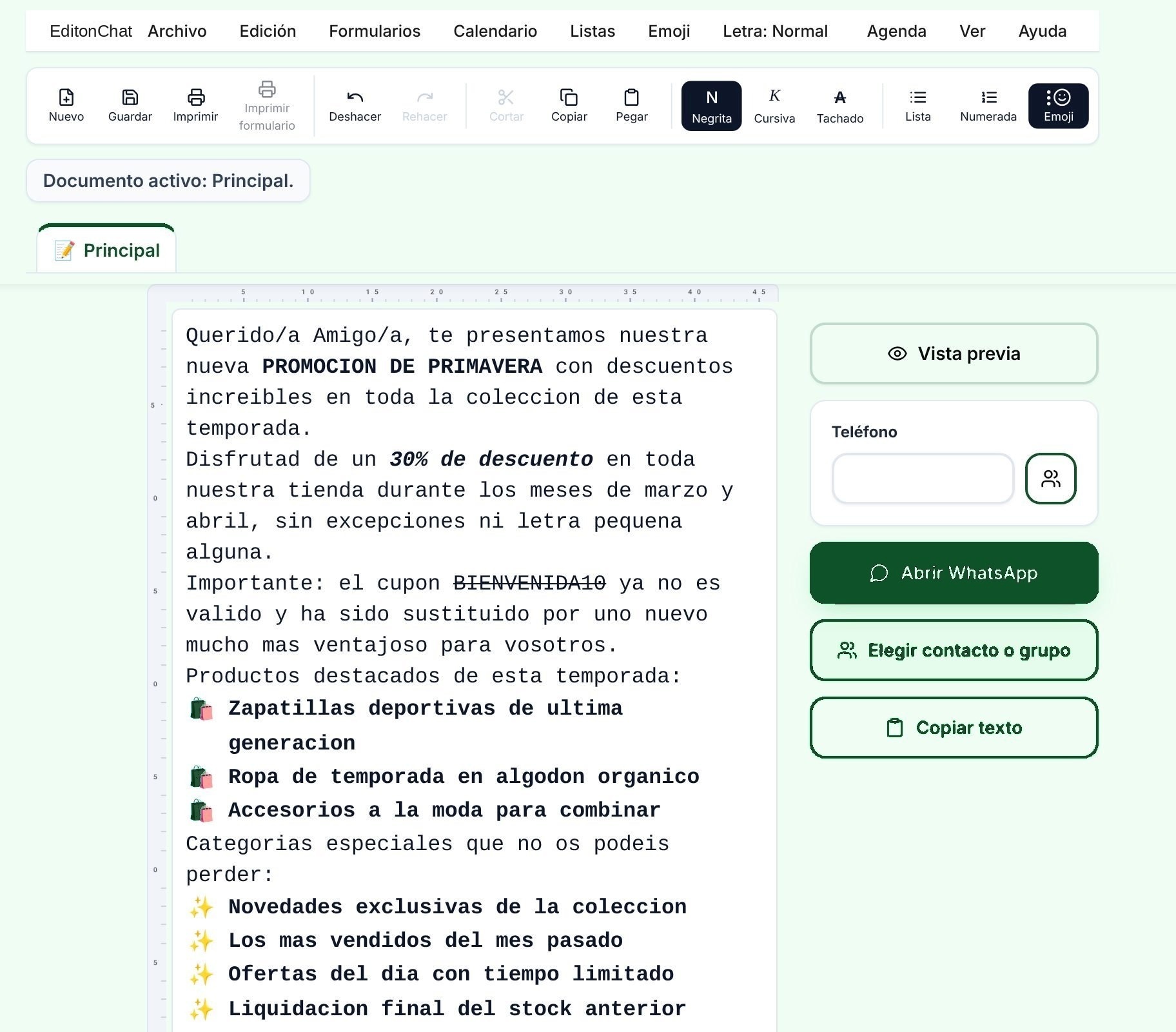 Editor principal de EditonChat con un mensaje formateado