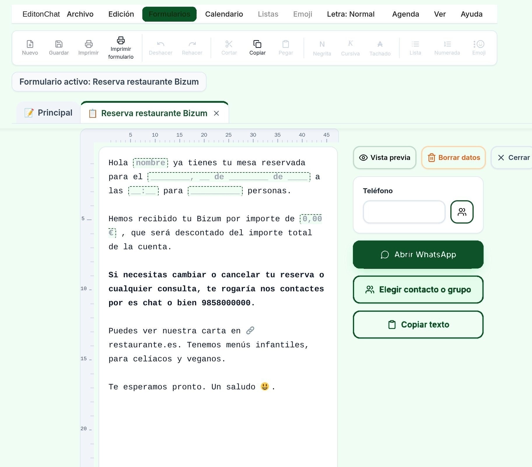 Formulario Reserva restaurante Bizum en modo Rellenar