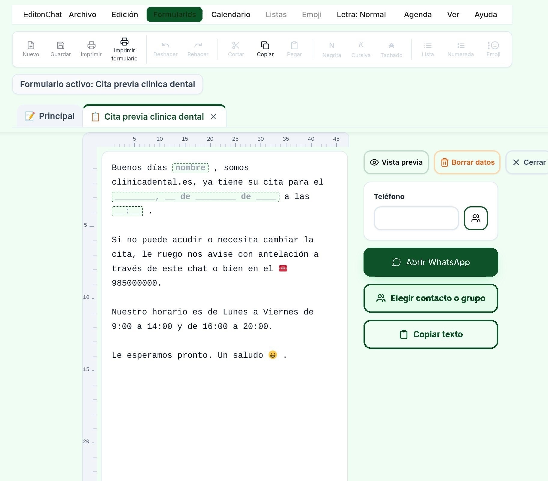 Formulario Cita previa clínica dental en modo Rellenar