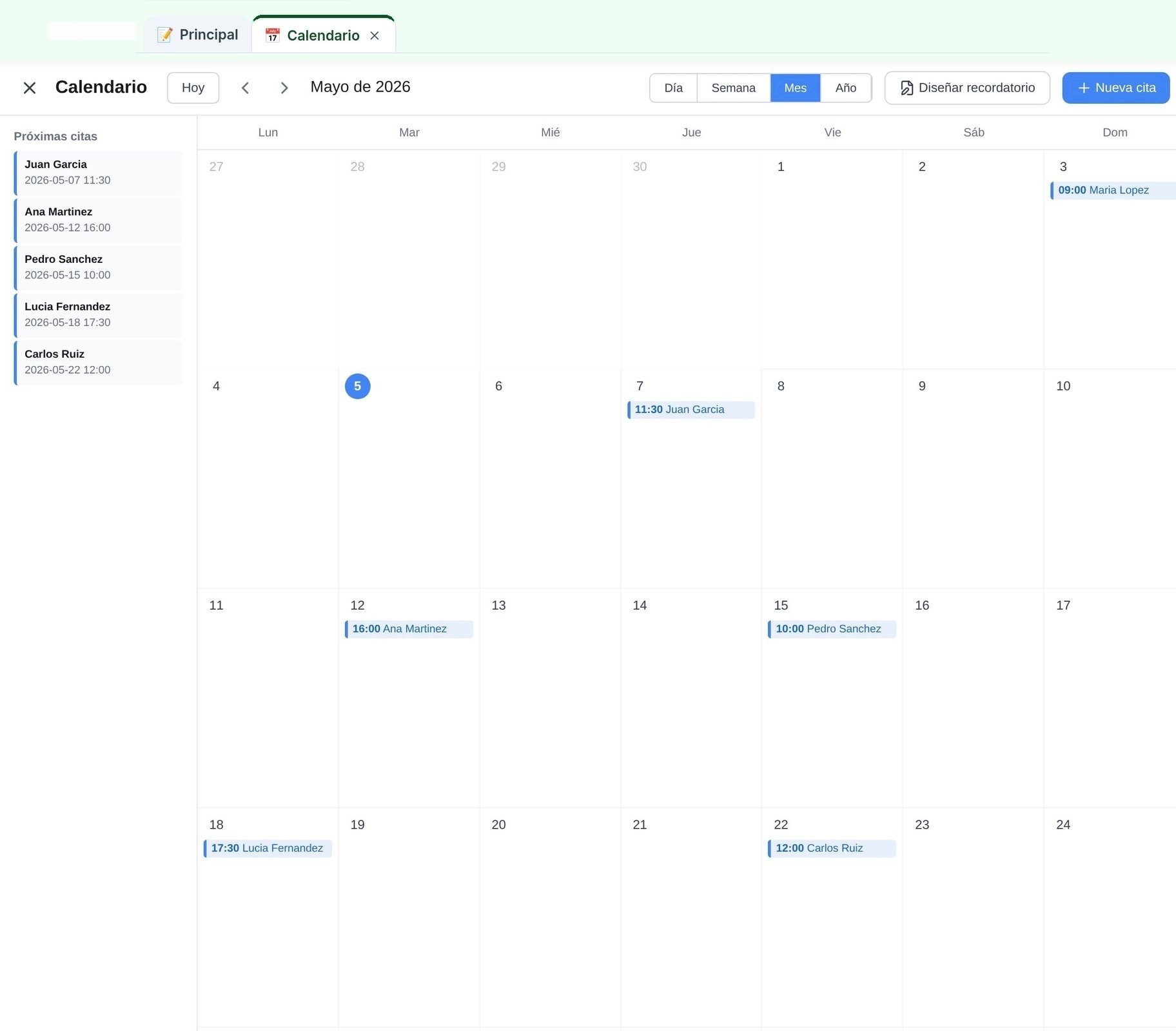 Vista de calendario mensual con citas