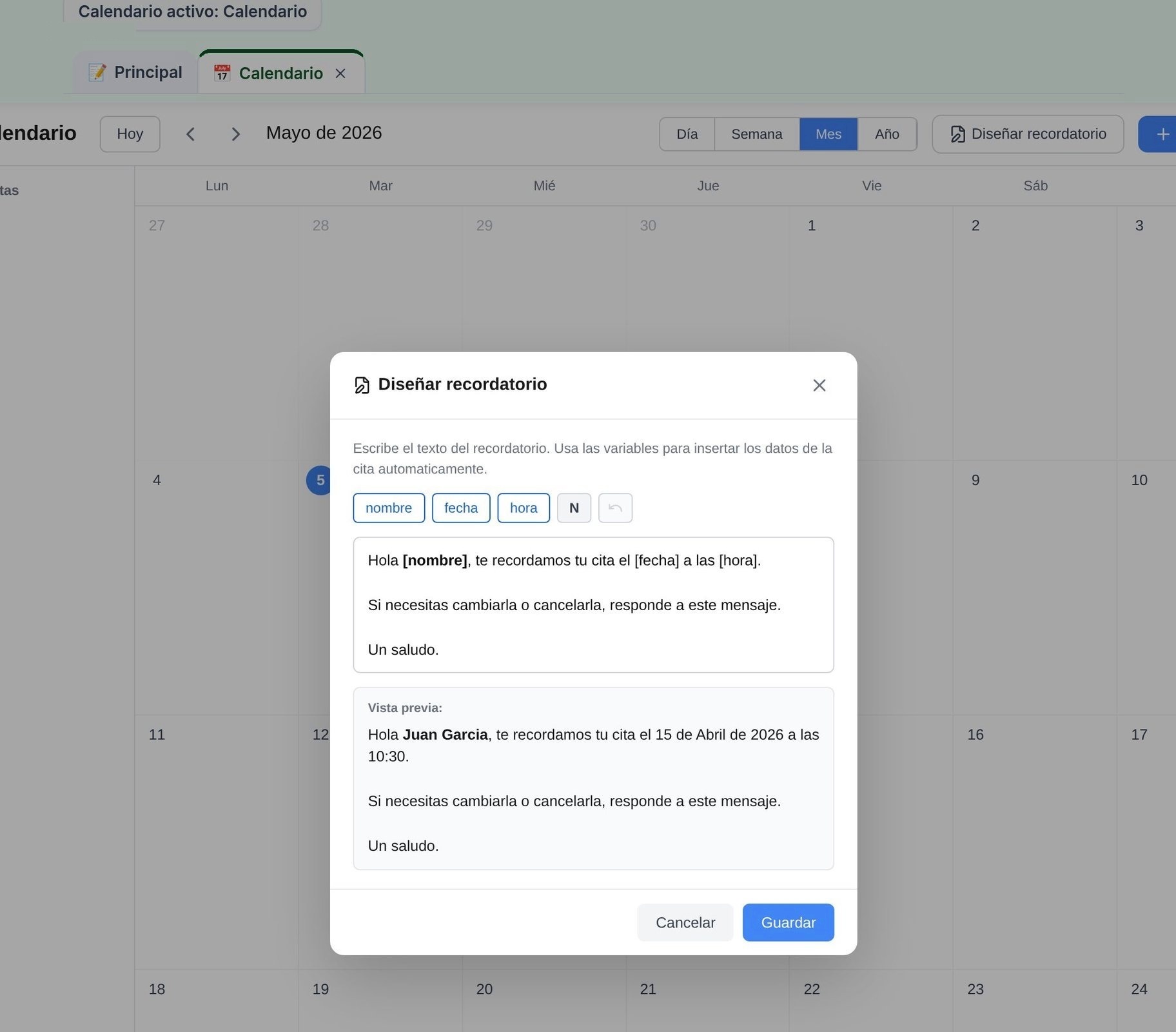 Diálogo Diseñar recordatorio con variables nombre, fecha, hora