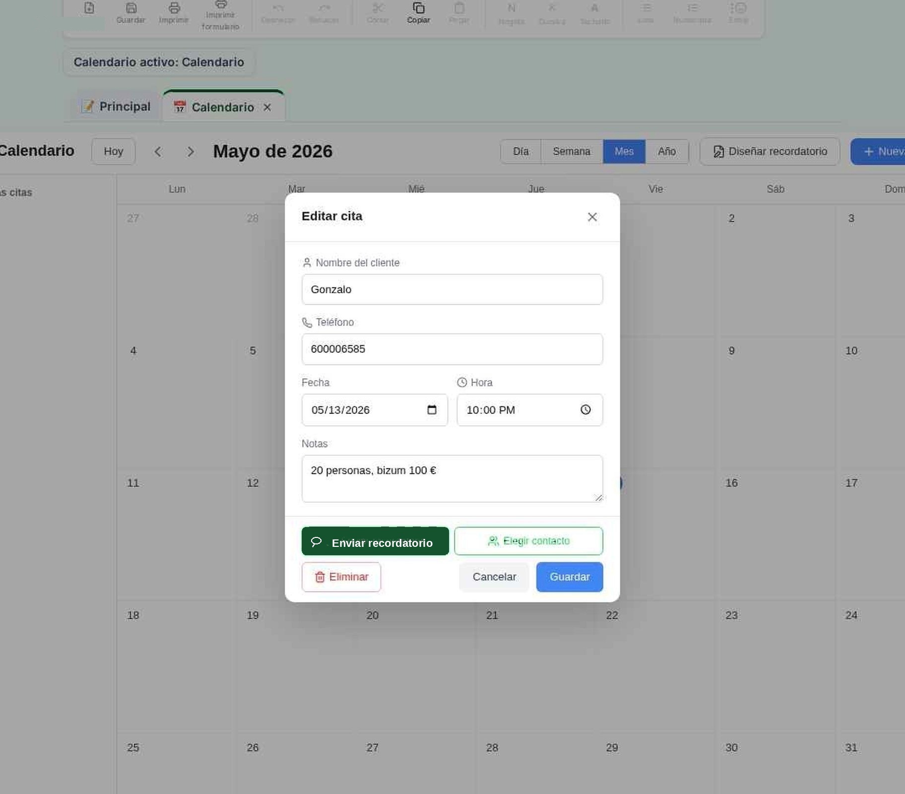 Diálogo Editar cita con botones Enviar recordatorio y Elegir contacto