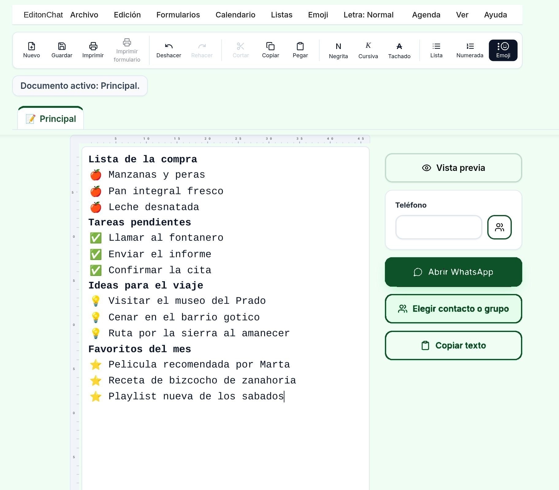 Documento con varias listas con emoji