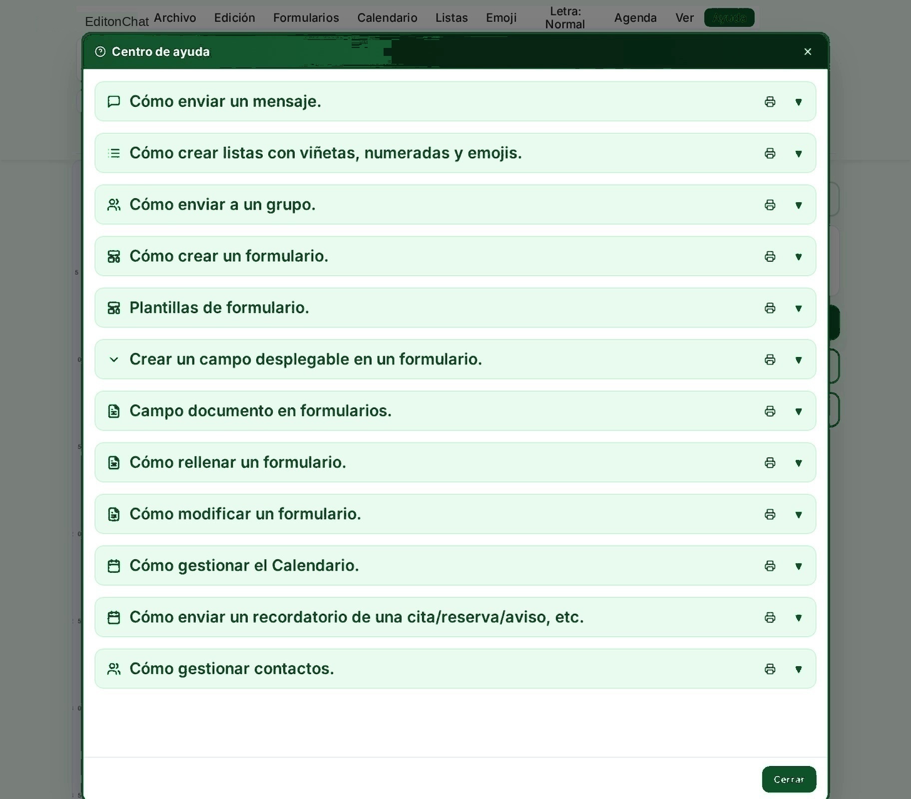 Centro de ayuda de EditonChat con guías para enviar mensajes, crear listas, formularios y más