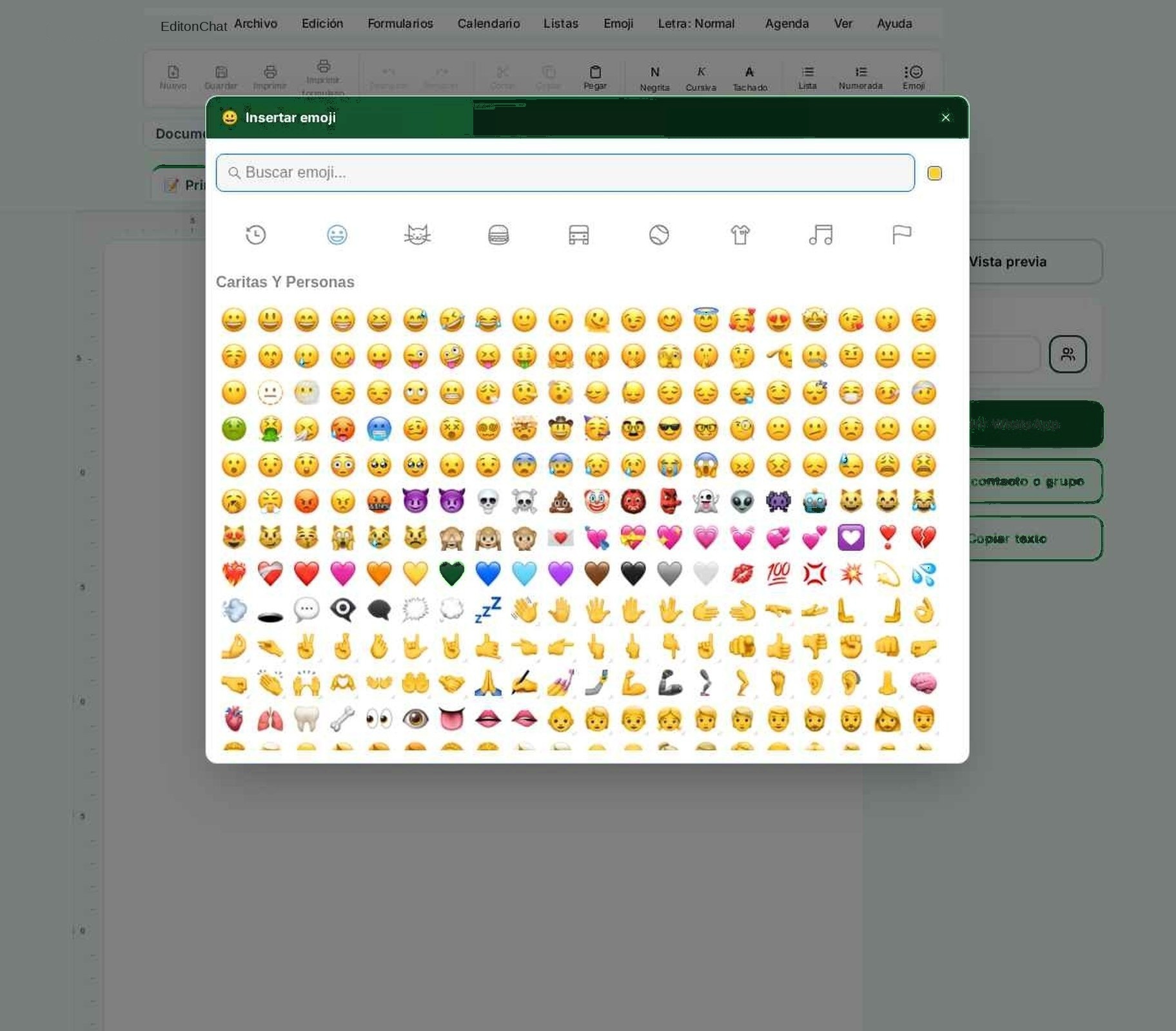 Selector de emojis de EditonChat con caritas, animales, comida y mucho más
