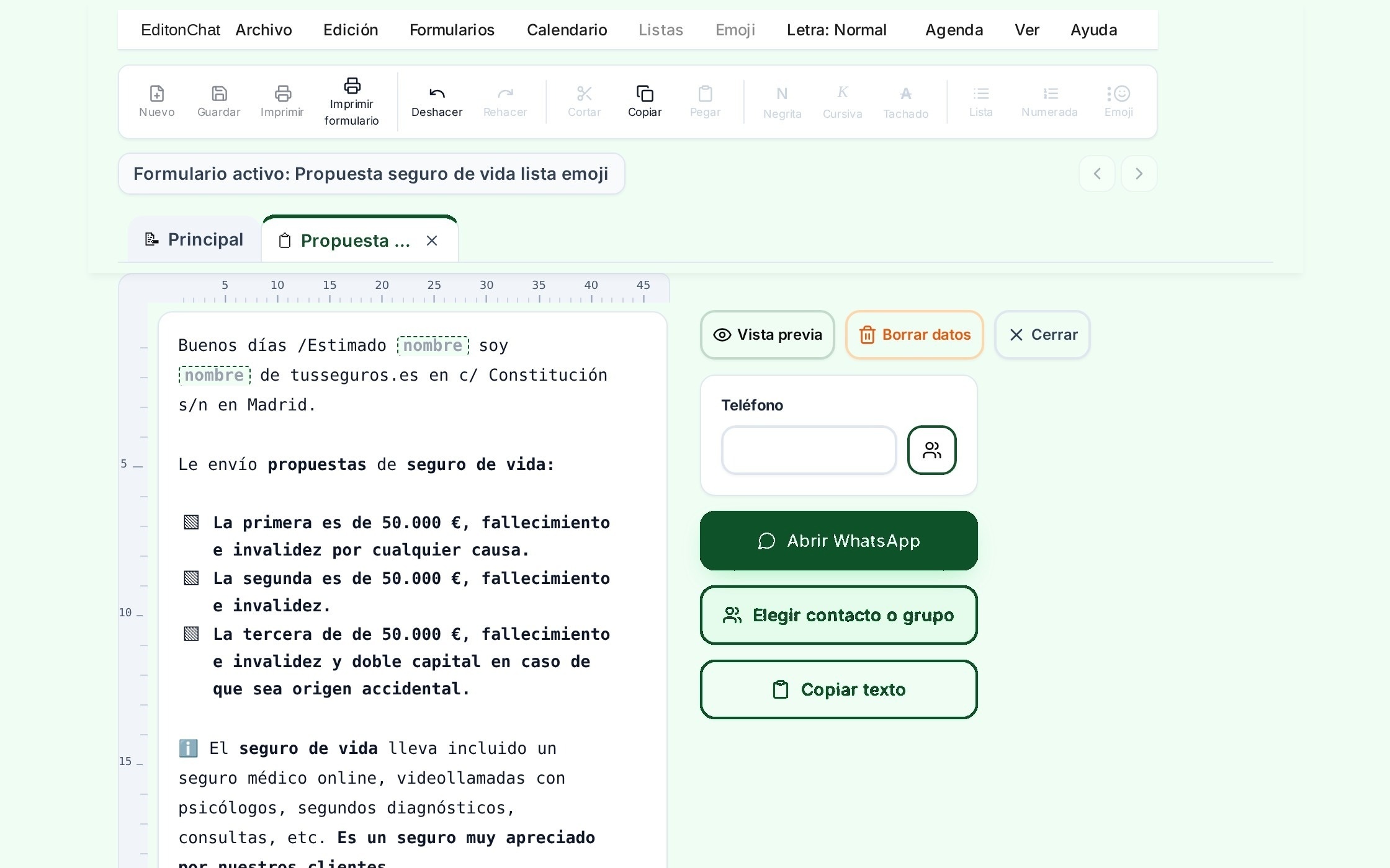 Formulario Propuesta seguro de vida con lista de emojis