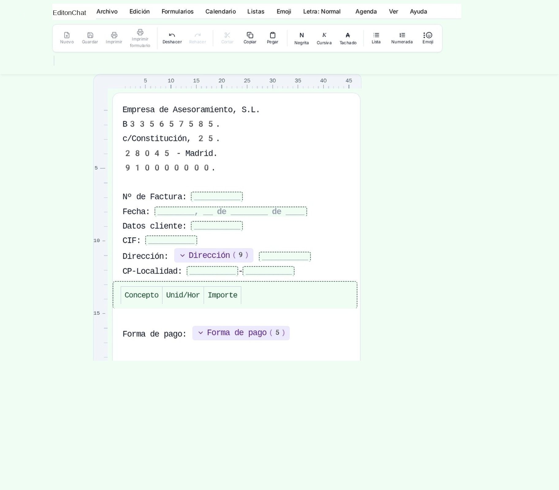 Formulario Factura cliente con hoja de cálculo