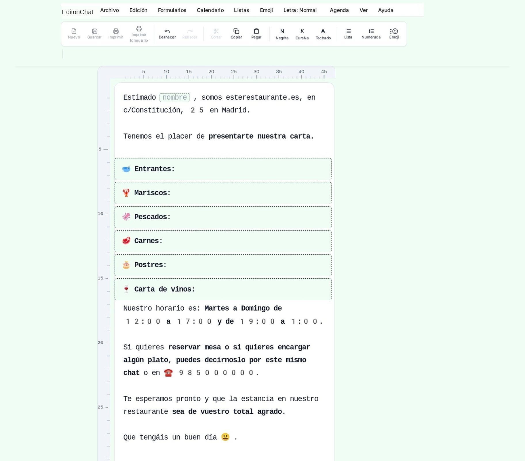 Formulario Carta restaurante con campos documento