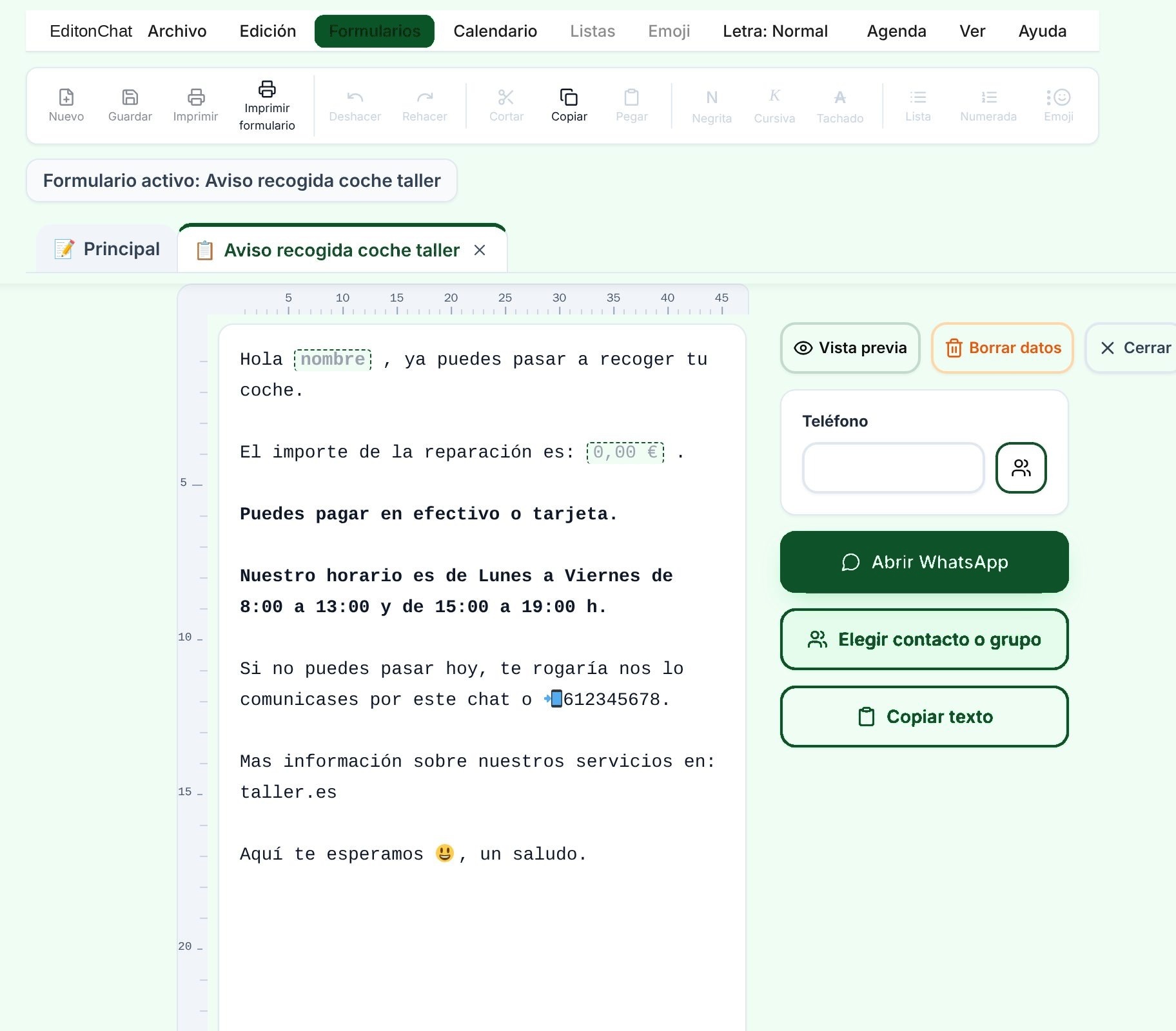 Formulario Aviso recogida coche taller